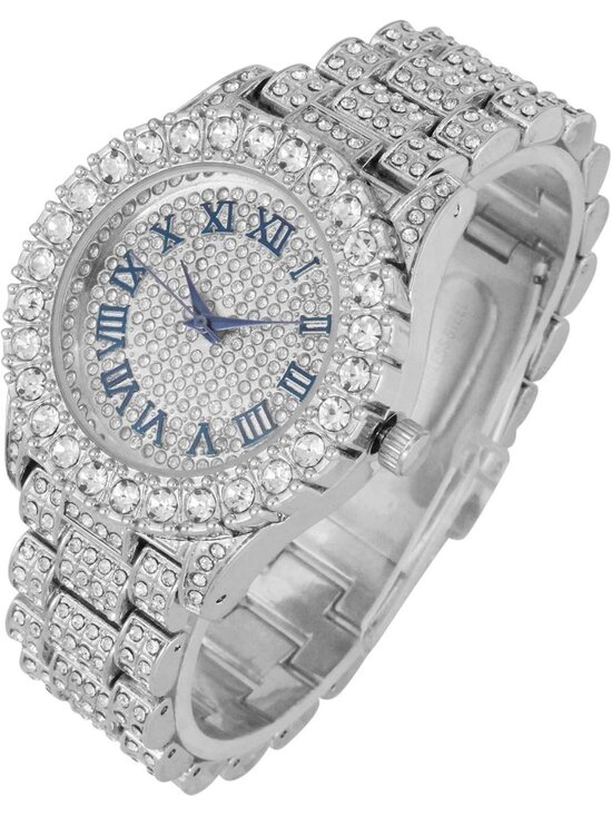 Women\'s Silver Blue Big Rocks Bezel Colored Dial with Roman Numerals Wrist Watch
